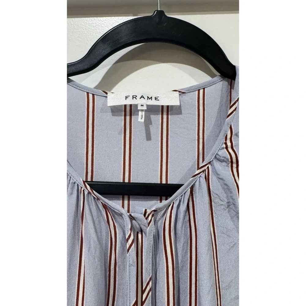FRAME Denim Blue Striped 100% Silk Sleeveless Tie Neck Blouse Medium LWSH0791‎